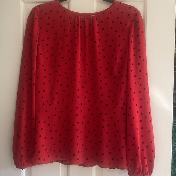 BODEN Blouse Red Poinsettia Polka Spot Dot Sena Peplum Top Size 10 - Picture 2 of 11